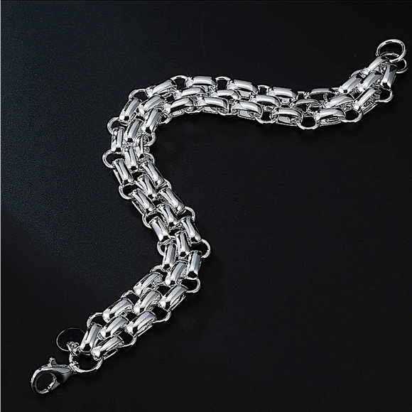 Sterling Silver Chain Link Cuban Mesh Lattice Stamped 925 Bracelet - Picture 6 of 7
